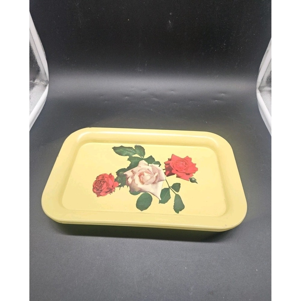 Set Four Vintage 1950's 9x14 Metal Tin Serving Trays Yellow Red Roses
